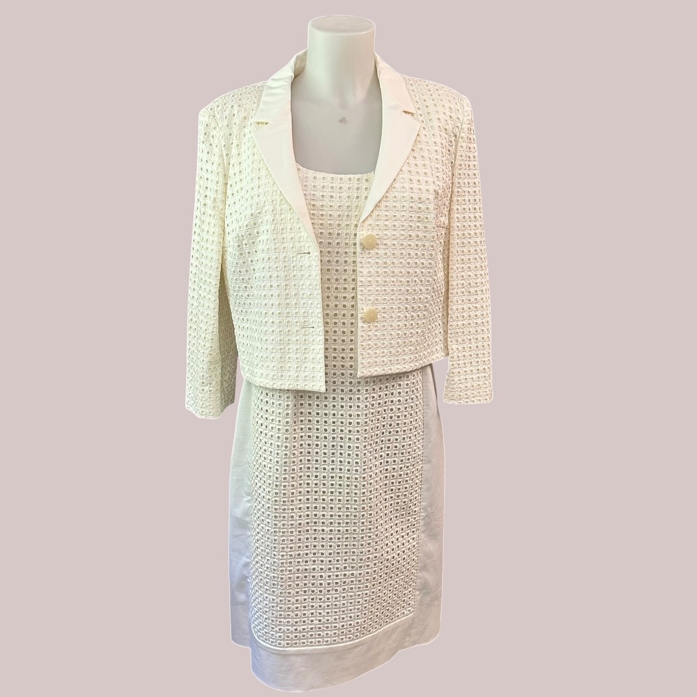 Hugo Boss Cream Grid Textured 2 Pc Cropped Jacket sz 10 Dress sz 8 Suit Set